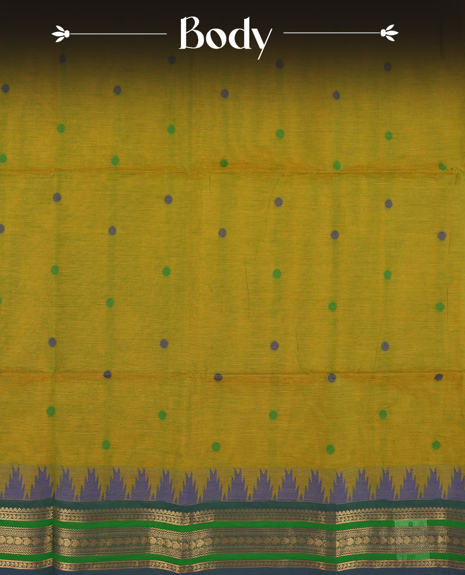Olive green & Blue dual shaded Chettinad cotton saree adorned with small woven dots on the body, saree features a striking blue and green border with intricate golden zari patterns and geometric motifs & Comes with a matching blouse piece.