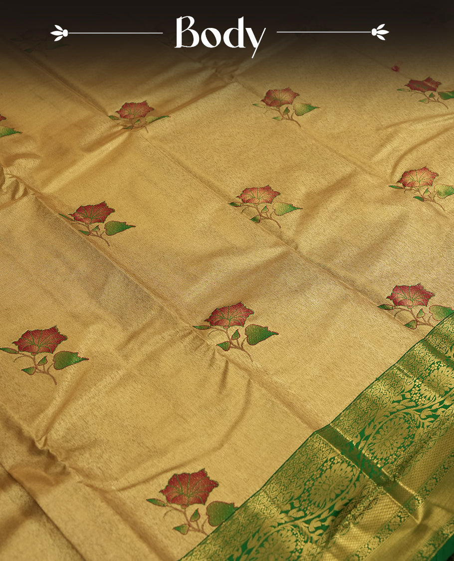 Antique golden Zari Tissue Brocade Saree features intricate a red colour flower Motifs on body and a green colour border & pallu with traditional patterns, paired with matching blouse