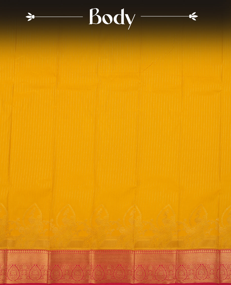 Yellow Colour Semi Silk Saree with Golden Striped Body, Contrasting Pink Golden Zari Pallu & Border, Paisley Motifs, and Matching Blouse Piece