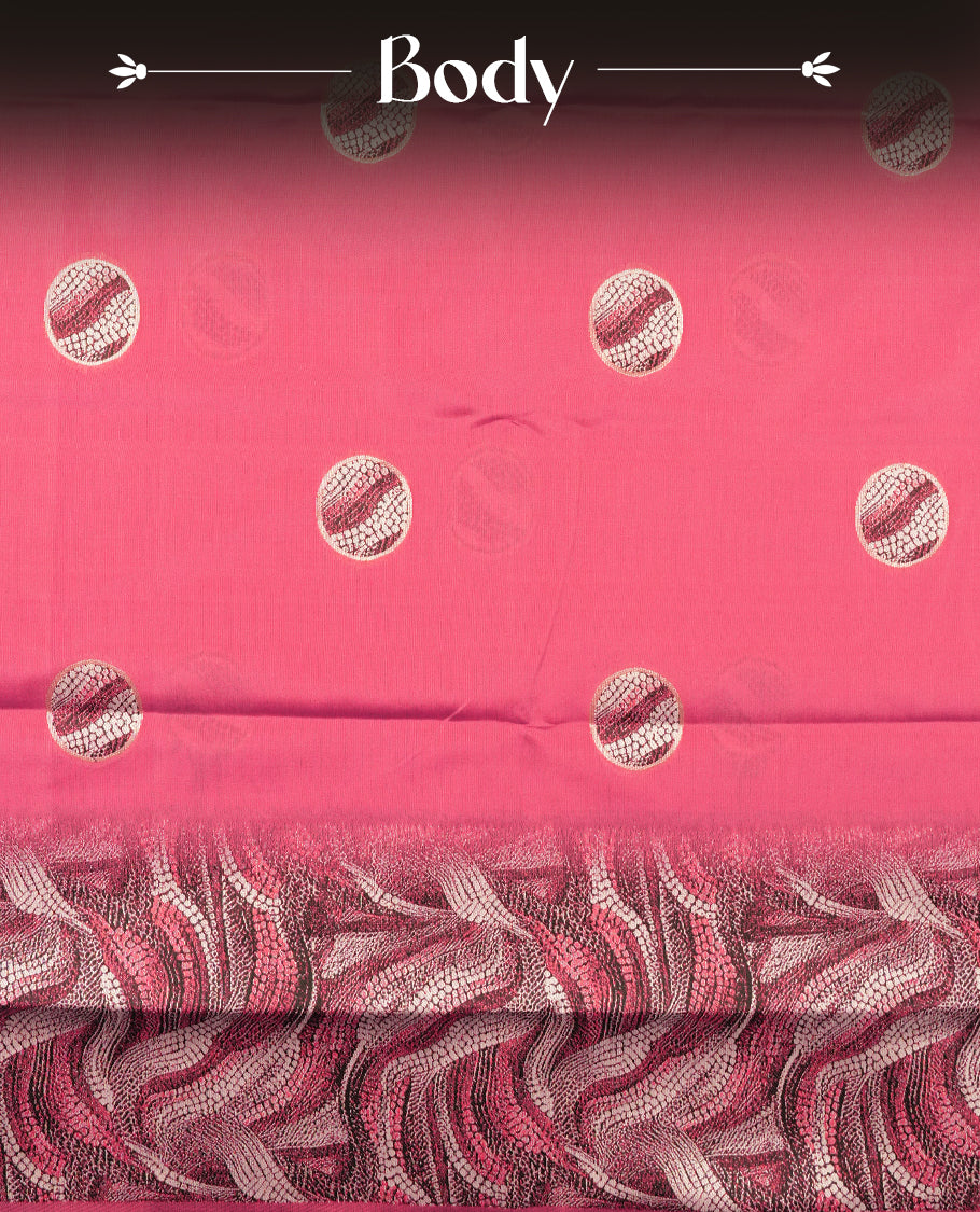 Magenta Pink Colour semi Silk Saree with Silver Circular Butta Motifs, Uniquely Textured Multitone Pallu, Tassel Detailing, and Matching Blouse Piece