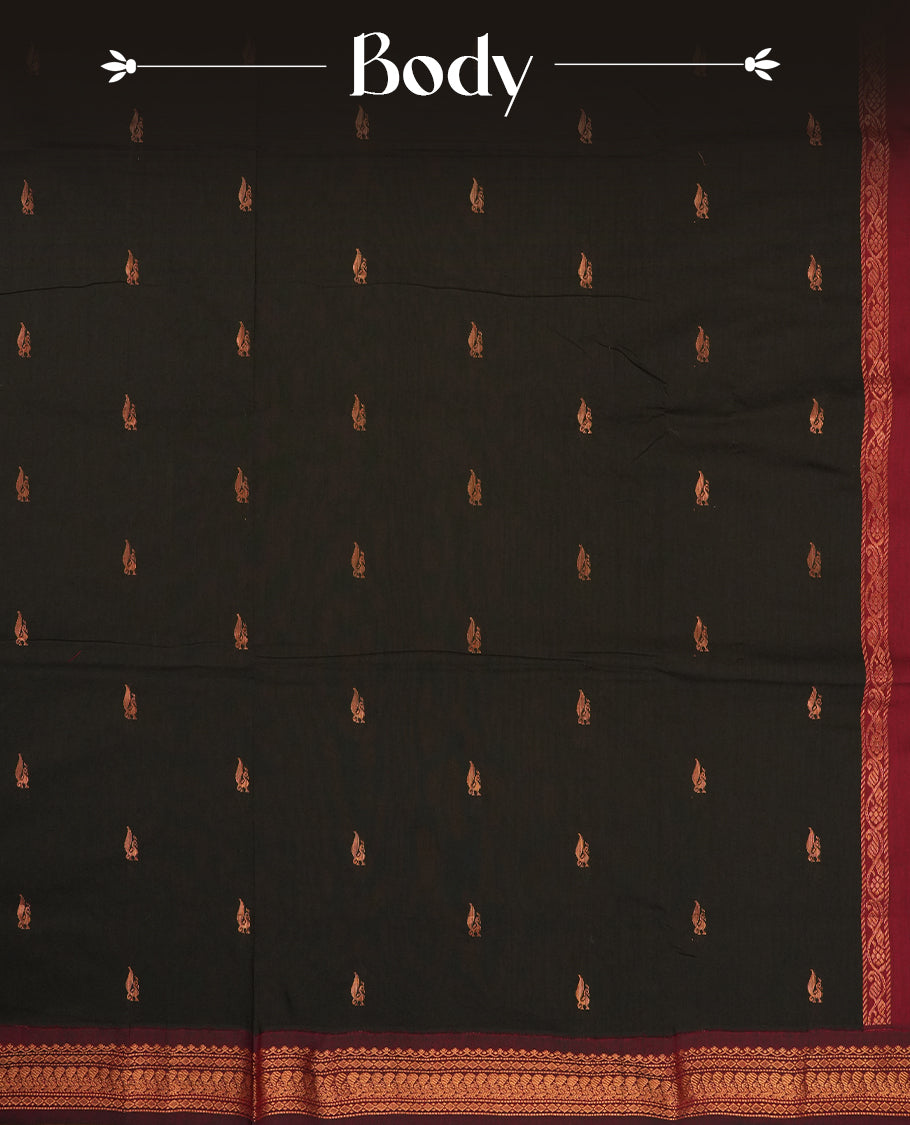 Black colour Kalyani Cotton saree with rich maroon border and pallu, featuring copper zari motifs and intricate weaving & Includes a matching blouse piece.