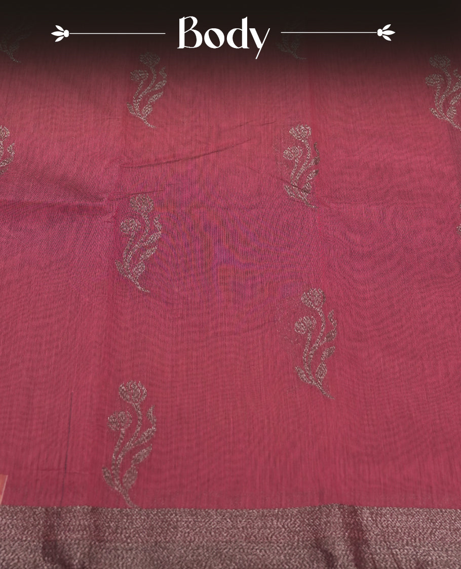 Burgundy Colour Silk Cotton Saree with Dark Silver Floral Butta Body, Contrasting DarkSilver Zari Pallu & Border, Floral Vine Motifs, and Matching Plain Woven Blouse Piece