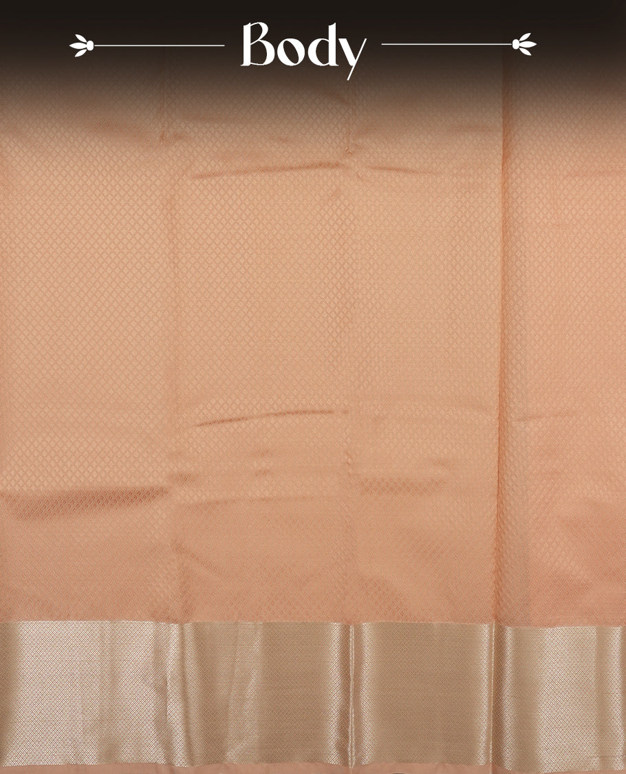 Light peach colour semi soft silk saree featuring a self coloured tiny diamond patterned body, complemented by Gold colour traditional pallu with tiny diamond pattern and border and a matching blouse piece.