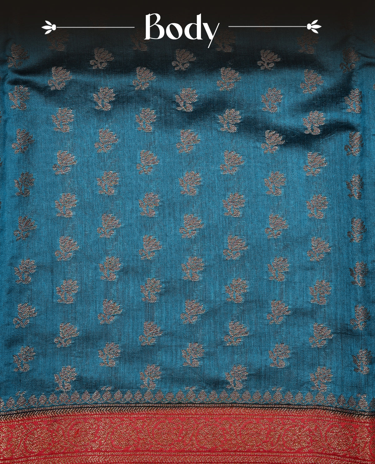 Blue colour banaras saree featuring Gold zari buttas on body, complemented by contrast Maroon colour with simple zari border, comes with matching blouse piece.