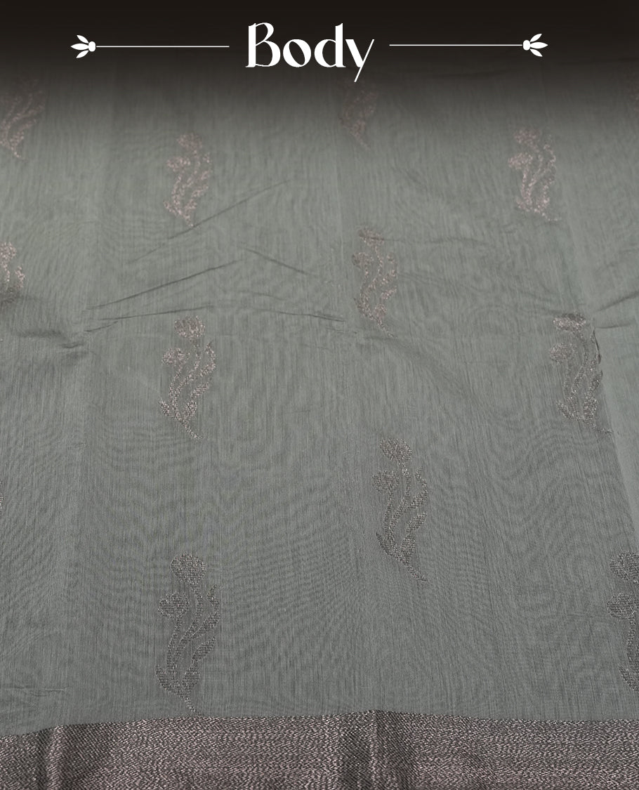 Dove Gray Colour Silk Cotton Saree with Dark Silver Leaf Butta Body, Contrasting Black Silver Zari Pallu & Border, Geometric Patterns, and Matching Plain Woven Blouse Piece