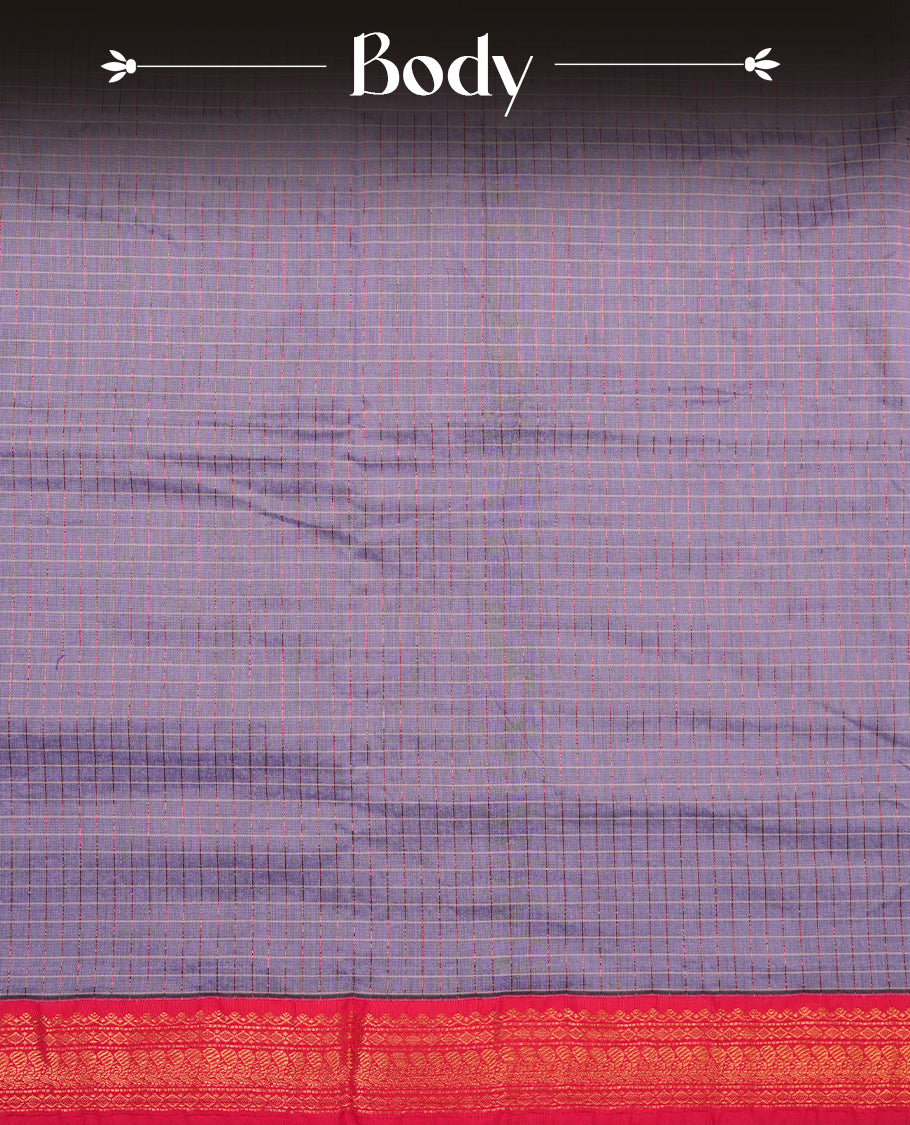 Lavender coloured mixed Kalyani cotton saree featuring copper zari checks on the body, complemented by a red coloured border and burnt red colourpallu adorned with copper zari patterns, Paired with a matching blouse.