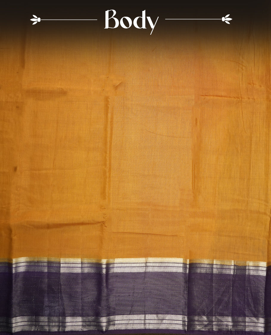 Mustard yellow colour mixed chanderi cotton saree with plain body, deep purple pallu and border with silver zari geometric motifs, and matching purple blouse.