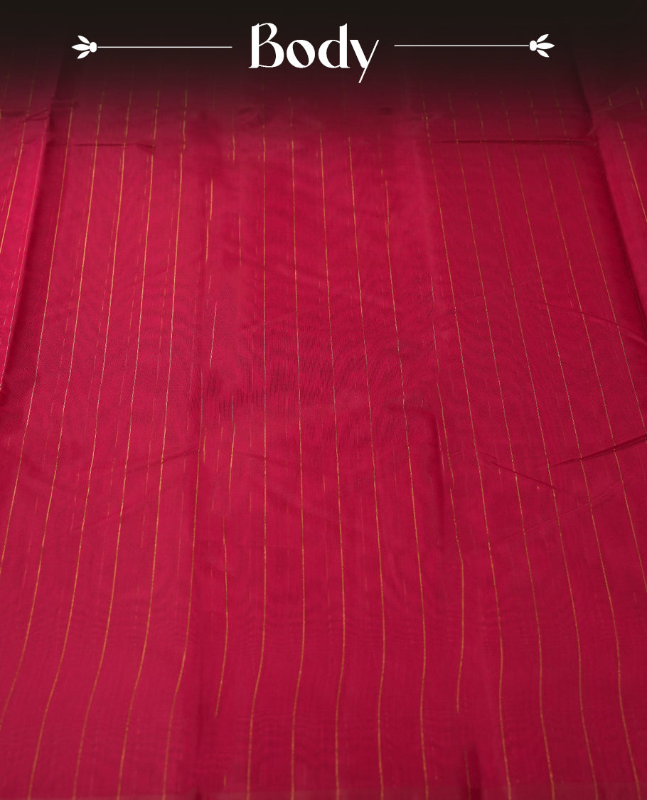 Burgundy colour silk cotton saree featuring with full of delicate vertical copper zari lines on the body & rust orange colour contrasted border, Crafted without a border for a classy touch, Comes with a matching blouse.