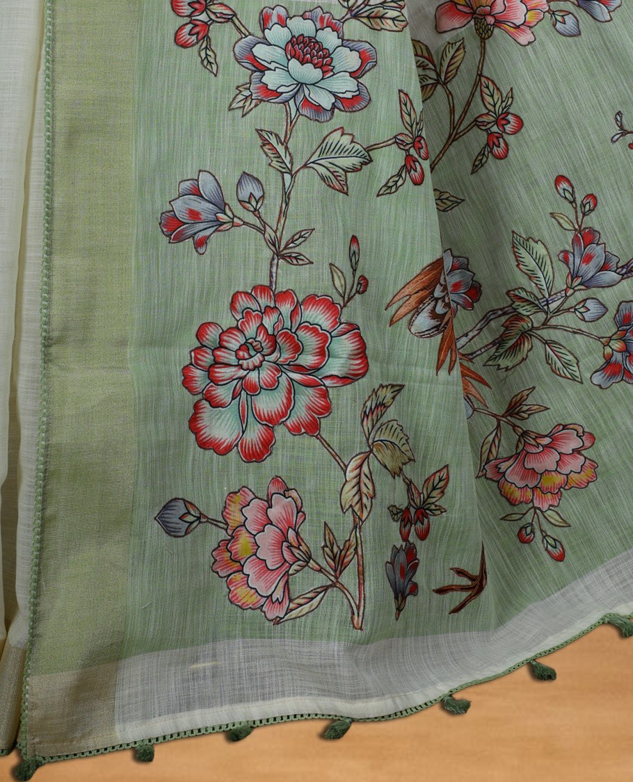 Cream colour cotton linen silk saree featuring Floral & brids printed pattern on body, golden simple border with green colour pallu and comes with a matching blouse