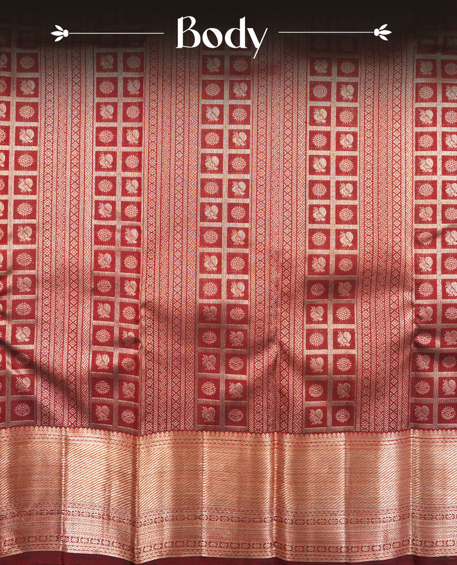 Dark maroon colour Kanchipuram Samudrika Silk Saree featuring poo chakram & bird in square pattern weaving with gold zari jacquard and a traditional zari border, paired with a matching designer jacquard blouse piece