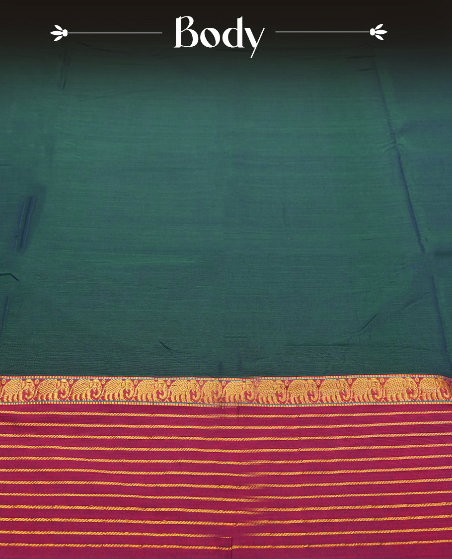 Peacock Blue colour Narayanapattu cotton saree featuring a self coloured body, maroon coloured with gold zari pattern border and gold striped colour pallu, pairing a matching blouse piece.
