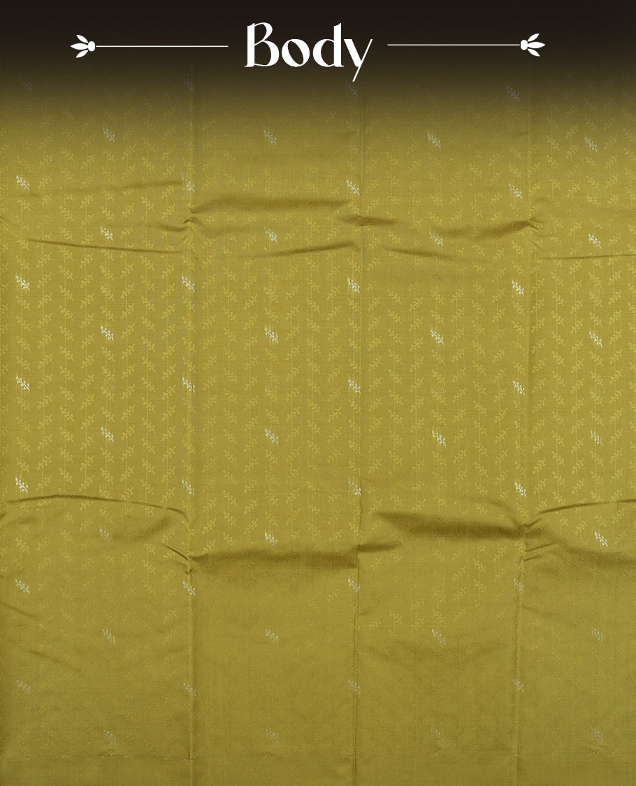 Khaki green colour semi soft silk saree featuring a self coloured textured patterned body, complemented by self coloured plain pallu & border and a matching blouse piece.