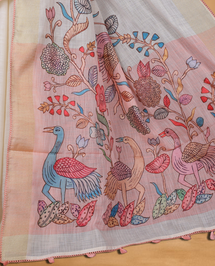 Cream colour cotton linen silk saree featuring Floral & brids printed pattern on body, golden simple border with Peach colour pallu and comes with a matching blouse