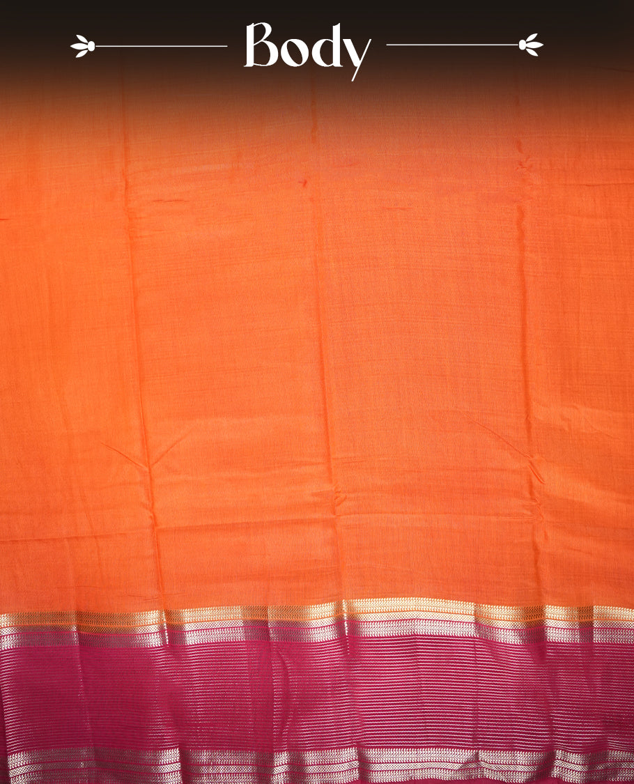 Orange colour mixed chanderi cotton saree with plain body, rani pink pallu and border with gold zari geometric motifs, and matching rani pink blouse