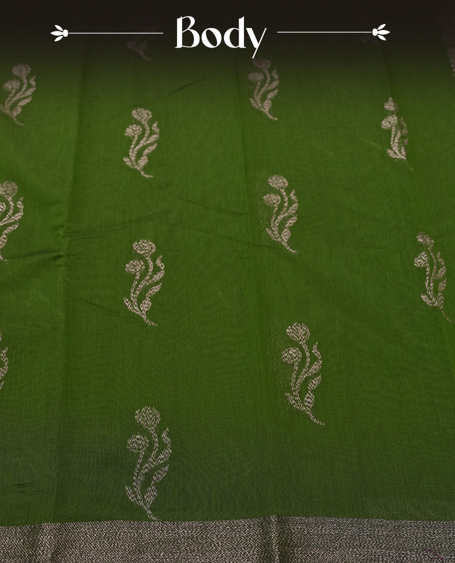 Dark Green Colour Silk Cotton Saree with Dark Silver Floral Butta Body, Contrasting Dark Silver Zari Pallu & Border, Floral Vine Motifs, and Matching Plain Woven Blouse Piece