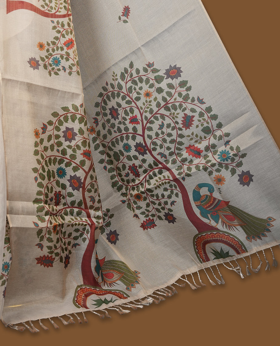 Kerala Tissue saree with Tree Prints and without border with Matching Blouse