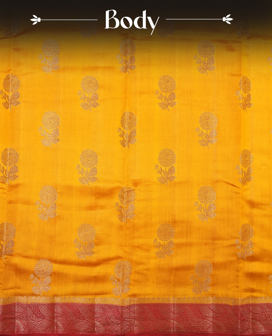 Mustard Colour Pure Banaras soft Silk Saree having gold floral motifs on Body with contrast Dark red colour gold Zari pattern on Border and matching Blouse