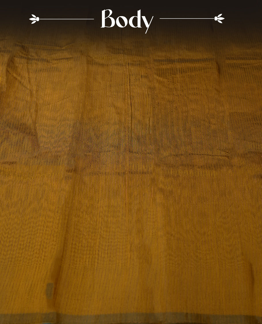 Dark mustard colour silk cotton saree featuring with full of delicate vertical copper zari lines on the body & black contrasted colour pallu, Crafted without a border for a classy touch, Comes with a matching blouse.