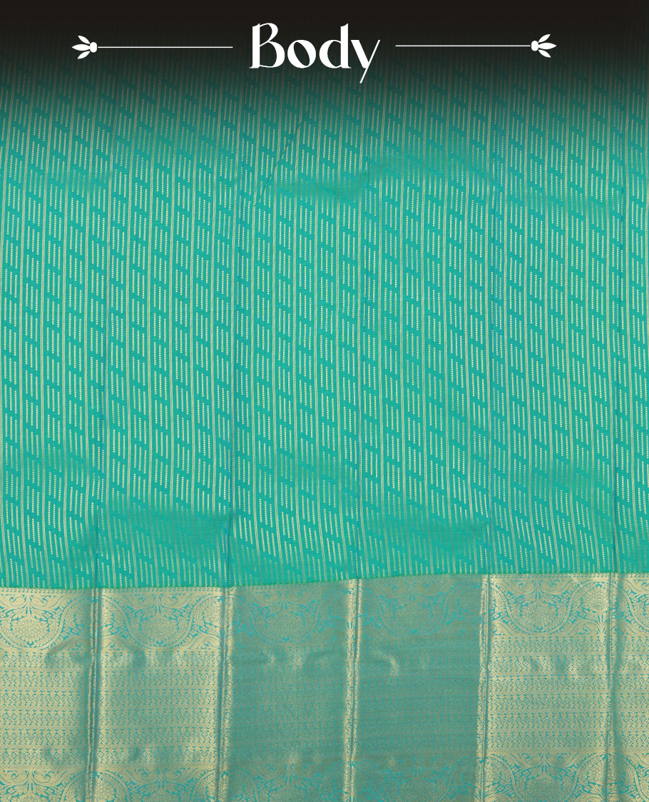 Double shade blue colour Semi Silk Saree with a gold dotted striped body and a self coloured traditional border, paired with a contrasting purple pallu and a matching blouse piece