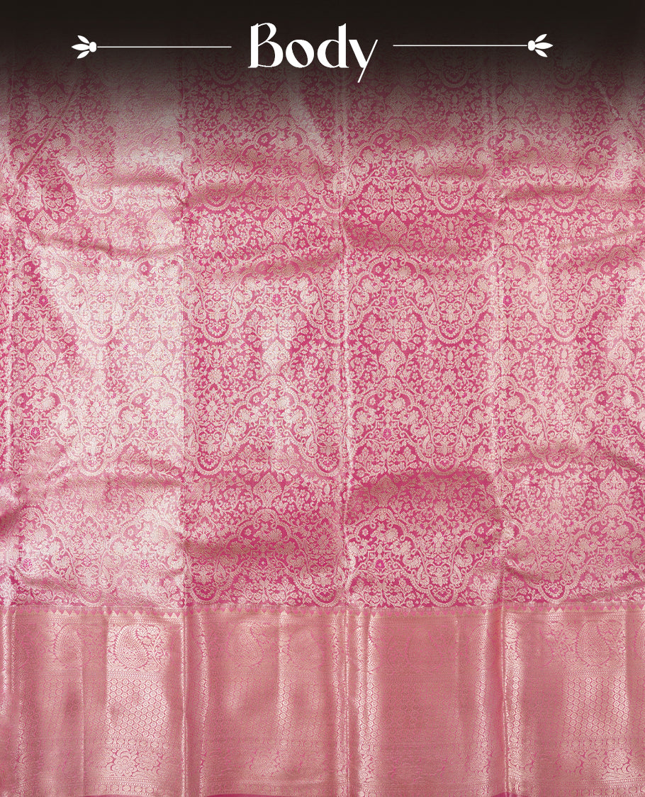 Pink colour and rose gold Zari Tissue Brocade Saree features intricate floral Motifs on body and self coloured border and traditional pallu, paired with matching blouse