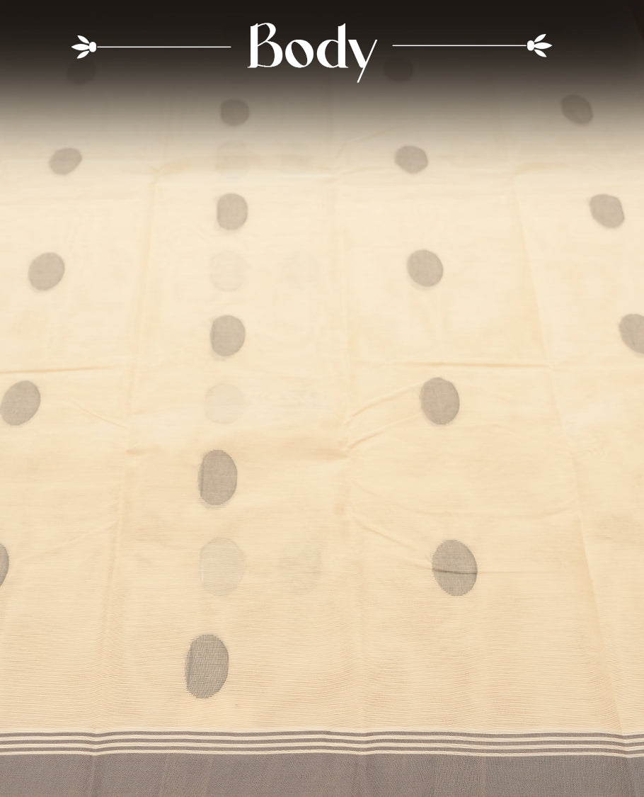 Cream colour Silk Cotton Saree with Grey Woven Polka Buttas on the Body, Minimal Grey Stripe Border, Ornate Grey Jacquard Pallu, and a Plain Ivory Blouse with Matching Grey Border