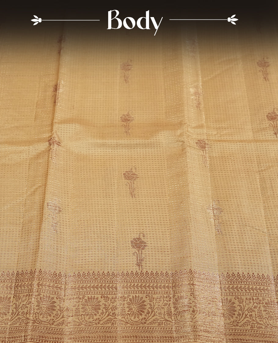 Natural Pine colour pure banarasi tussar Saree with antique design on the body, accentuated with an elegant traditional border, rich woven pallu and matching blouse piece.