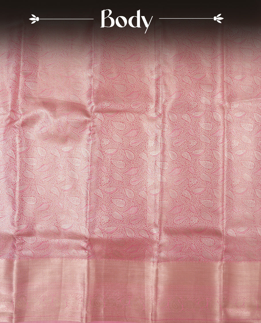 Light pink colour and gold Zari Tissue Brocade Saree features intricate Leaf Motifs on body and self coloured border & pallu, paired with matching blouse