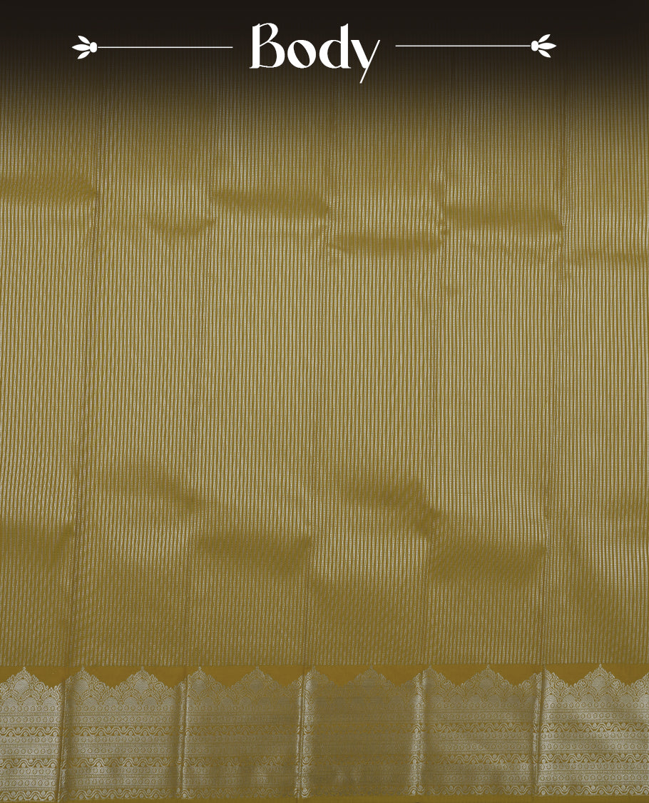 Dark khaki colour Semi Silk Saree with silver zari patterns on the body with self coloured, paired with a contrasting dark violet colour traditional pallu and a matching blouse piece.