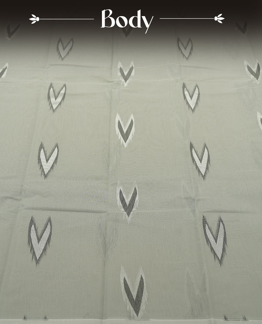 Ash Grey colour Silk Cotton Saree with Minimal Ikat Arrow Motifs Scattered on the Body, Textured Silver-Grey Geometric Pallu, Plain Matching Blouse Piece, and Clean Self-Edged Borders