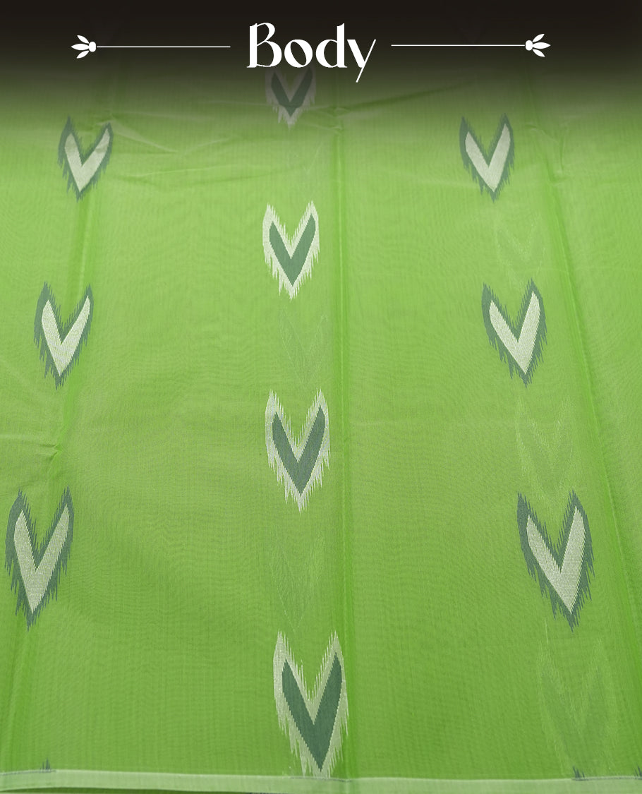 Green Colour Silk Cotton Saree with White and Grey Arrow Motifs Body, Accented by White Floral Geometric Pattern Pallu, Paired with Matching Blouse Piece