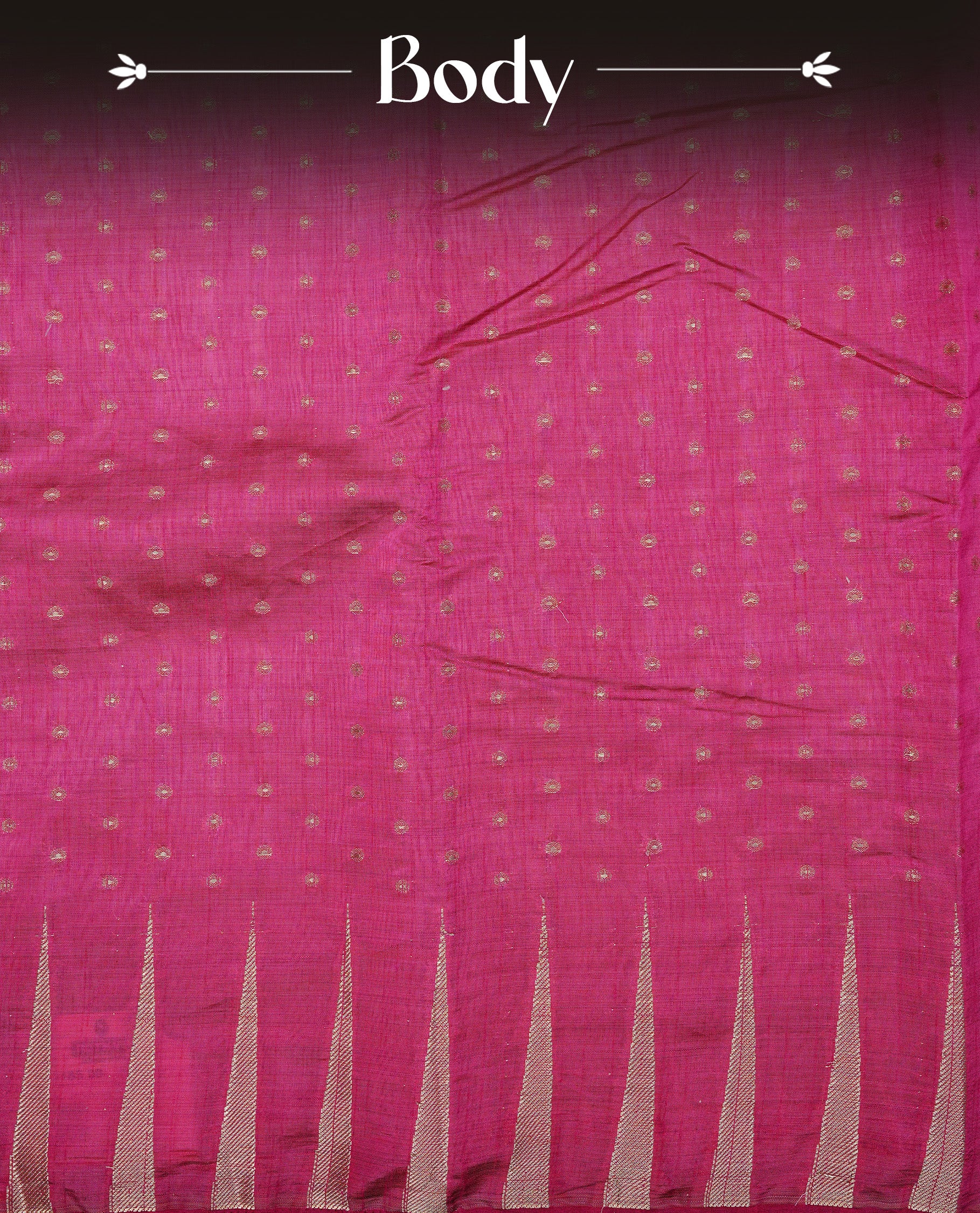 Rani pink colour semi tussar silk saree featuring gold zari dot motifs all over the body, highlighted by a self colour border with intricate gold zari temple patterns. Comes paired with a matching blouse piece.