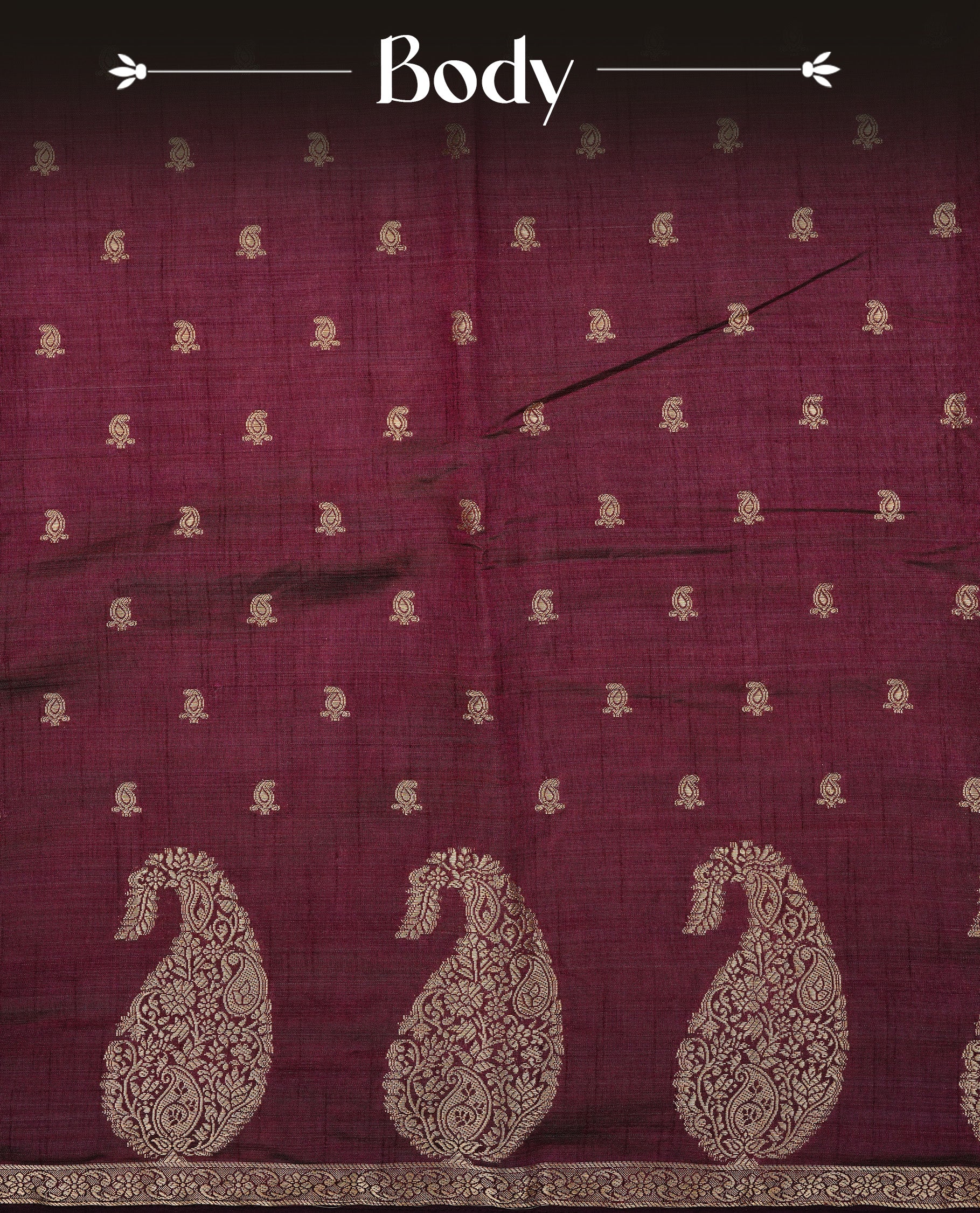 Chocolate brown colour semi tussar silk saree featuring small gold zari mango motifs across the body, enhanced with a self colour border showcasing elegant gold zari mango patterns. Paired with a matching blouse piece.