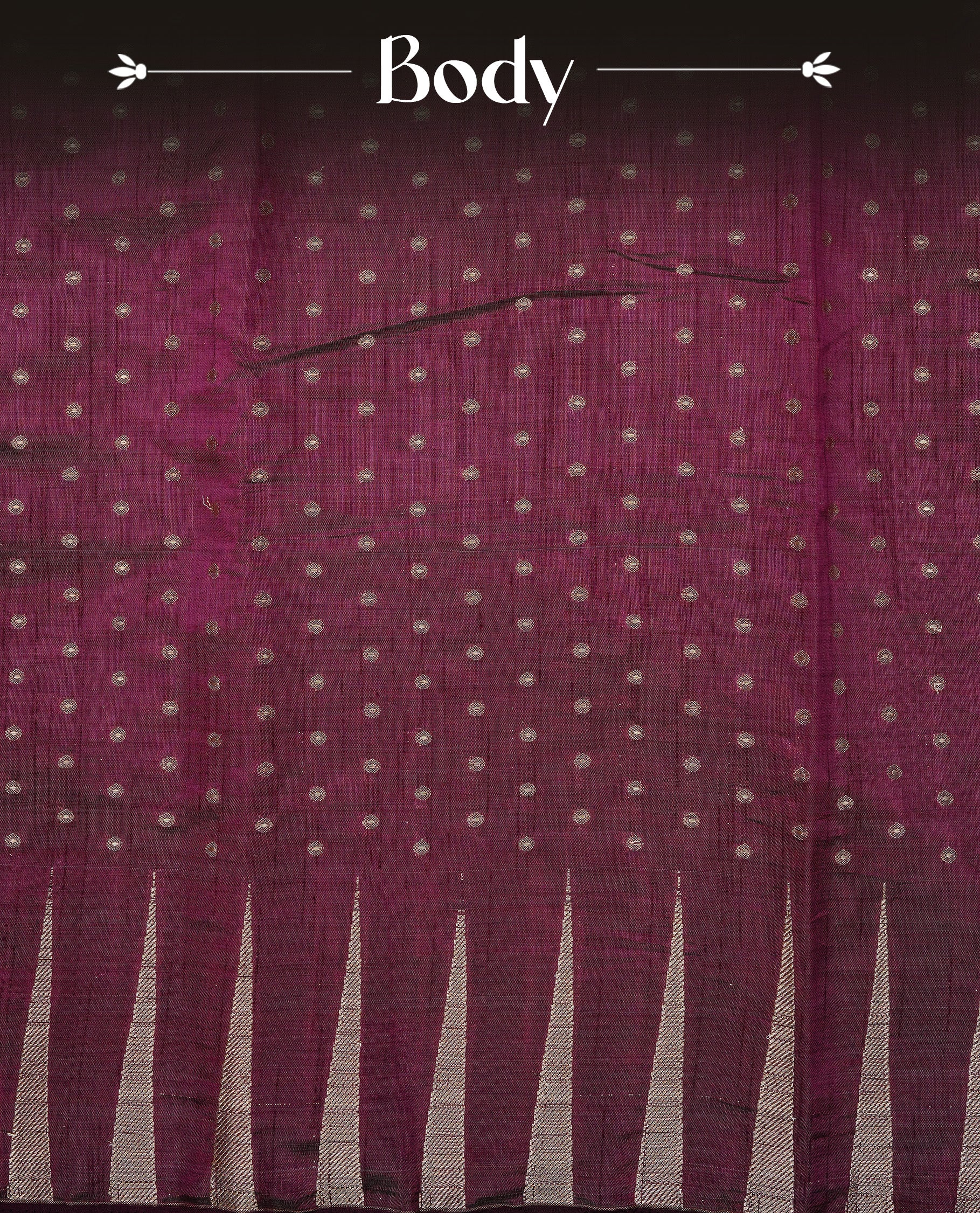 Chocolate colour semi tussar silk saree featuring gold zari dot motifs all over the body, highlighted by a self colour border with intricate gold zari temple patterns. Comes paired with a matching blouse piece.