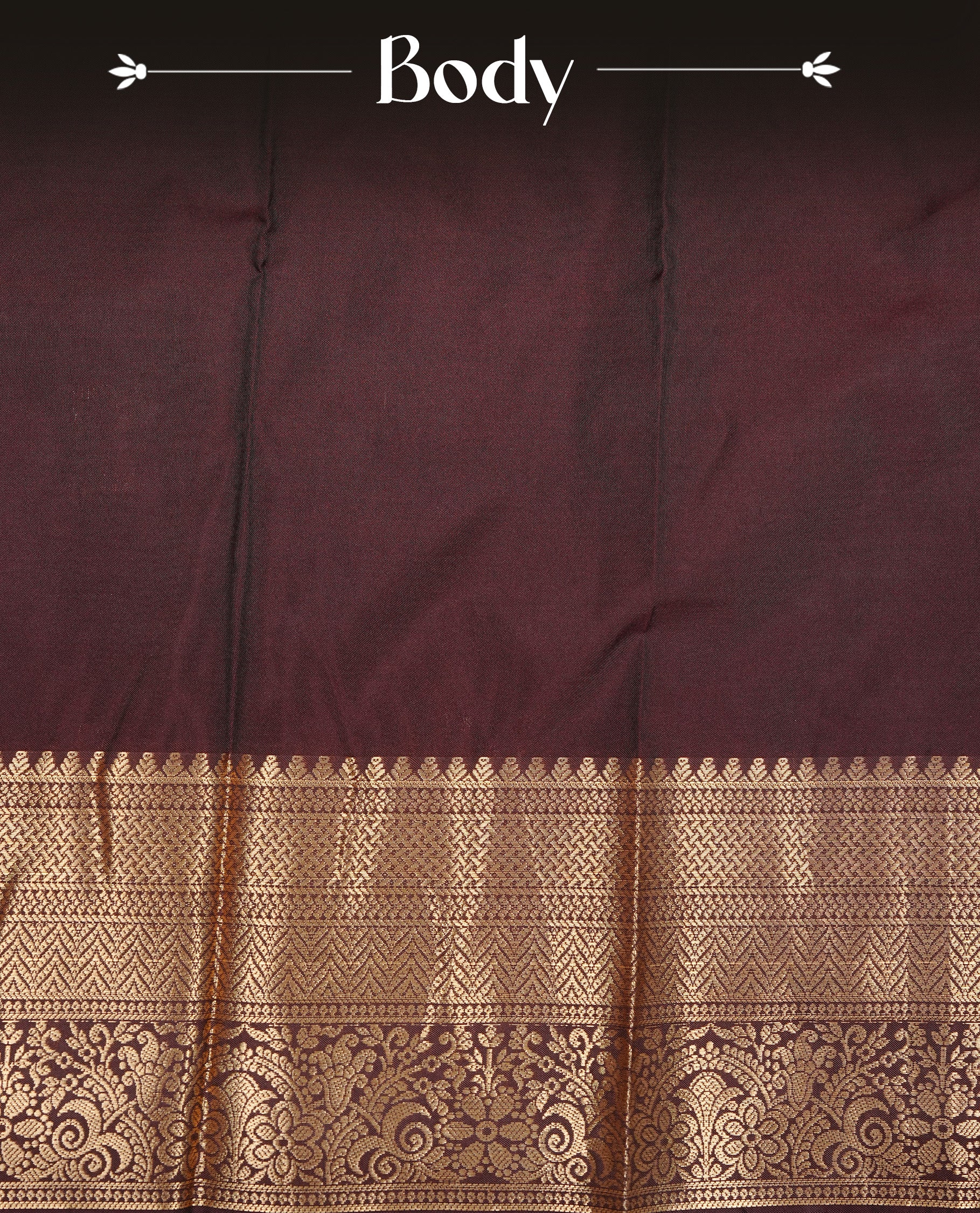 Dark chocolate colour Semi silk saree Featuring gold zari motifs on body, complemented by Self colour with gold zari border, paired with matching blouse piece.