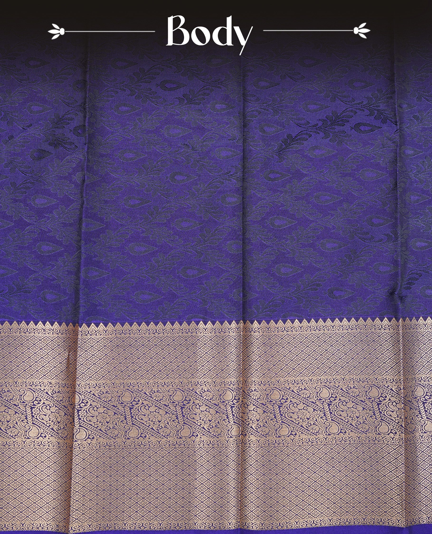 Purple pink colour Semi silk saree Featuring black colour patterns on body, complemented by contrast blue colour with gold zari border, paired with matching blouse piece.