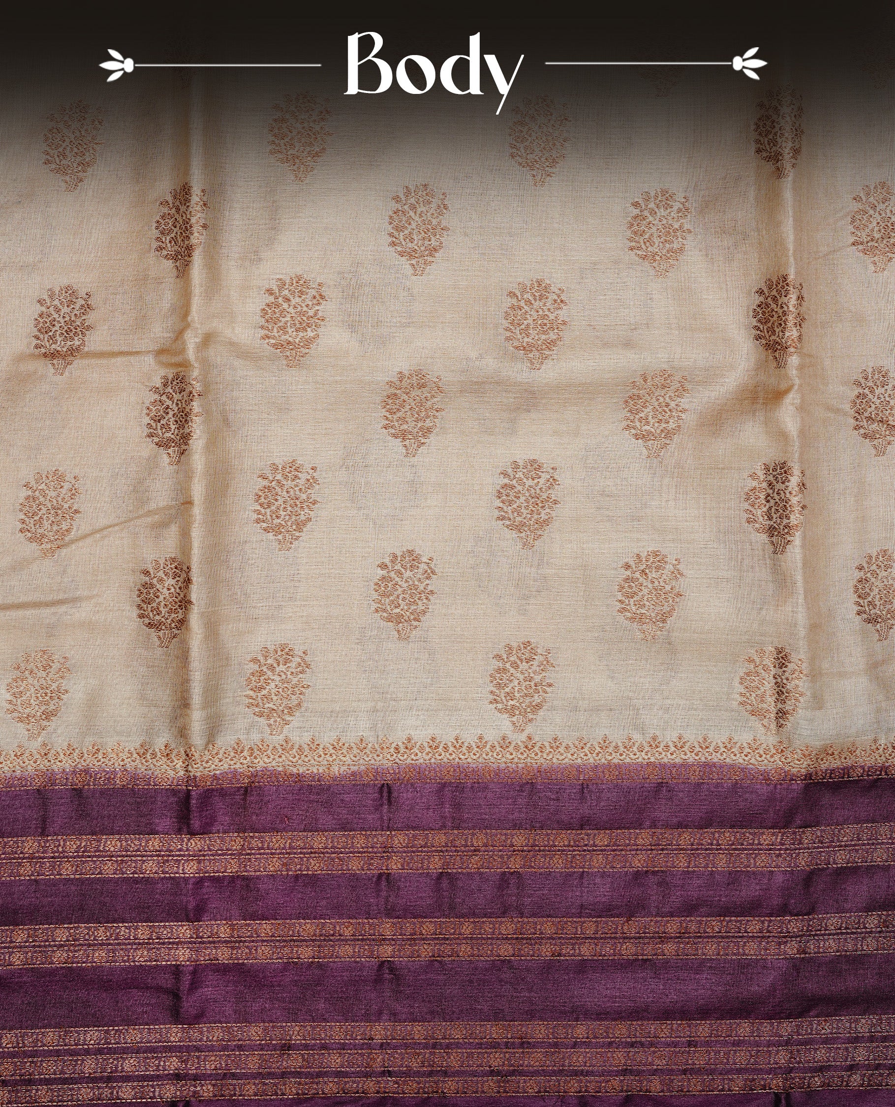 Golden Cream Colour Banaras tussar silk saree featuring Antique zari Motifs on body, Complemented by Burgundy colour variant with zari border, paired with matching blouse Piece.