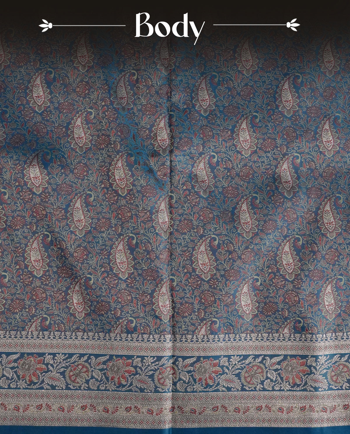 Teal colour Mulberry silk saree featuring gold zari Mango & floral kodi pattern across body, complemented by self colour border with gold zari work, comes with matching blouse piece.
