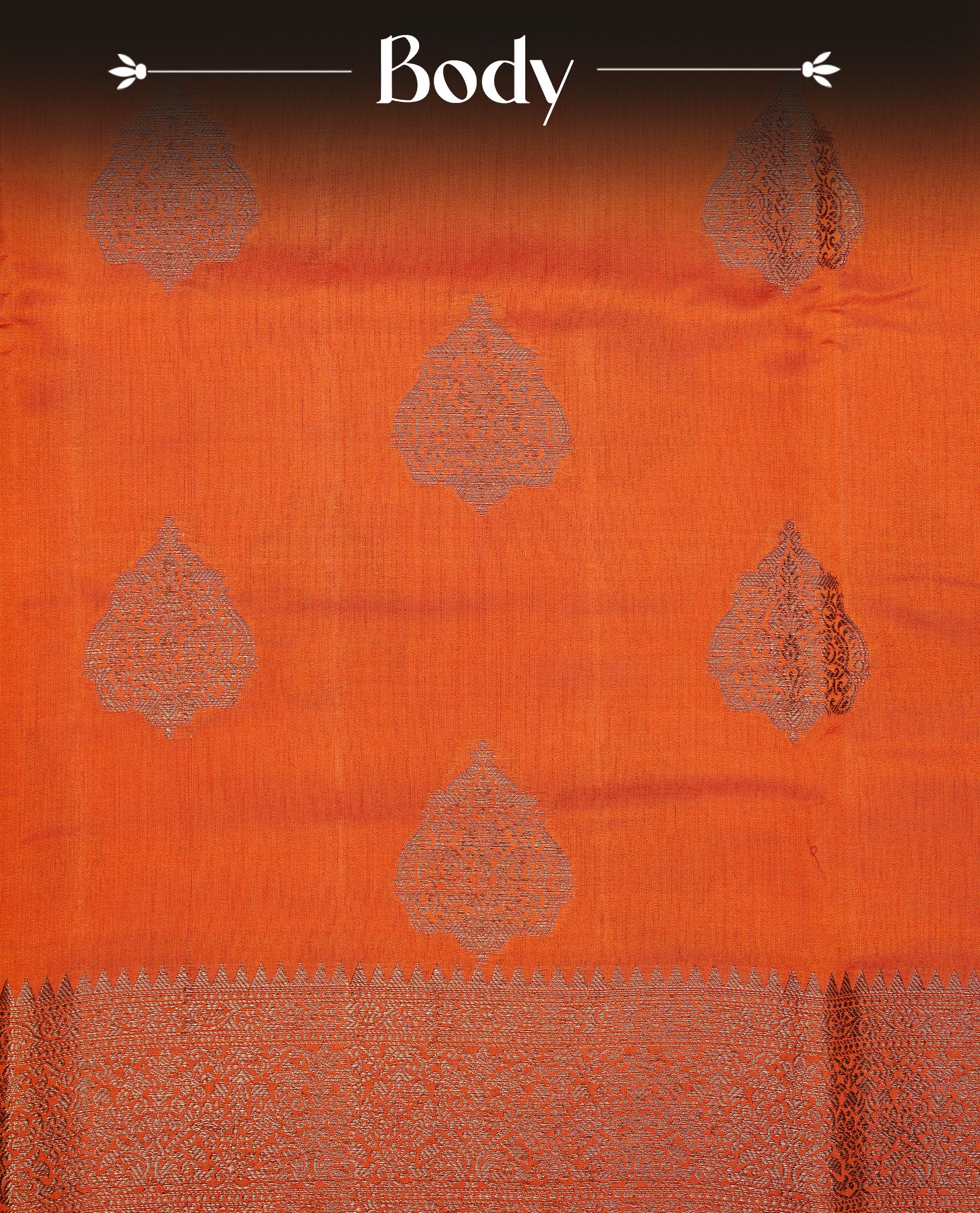 Orange Colour Pure Banaras Soft Silk saree featuring Antique Zari buttas in body, complemented by zari work on self colour border, paired with matching Blouse Piece.