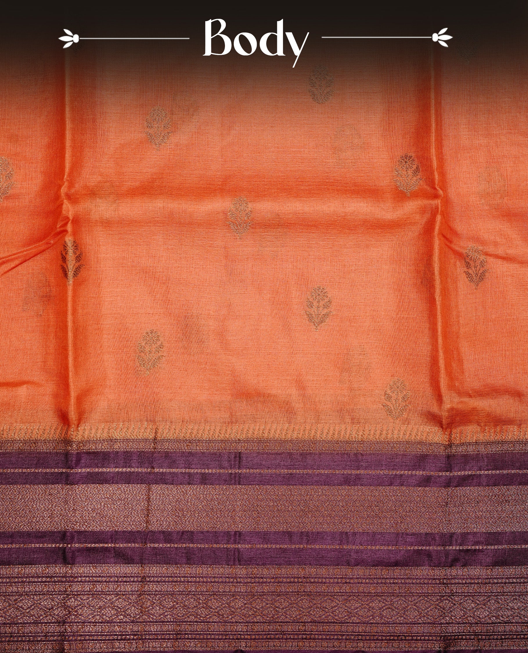 Orange colour Pure Banaras Tussar silk saree Featuring Gold zari buttas on body, complemented by Contrast Burgundy colour with zari border, paired with matching blouse piece.