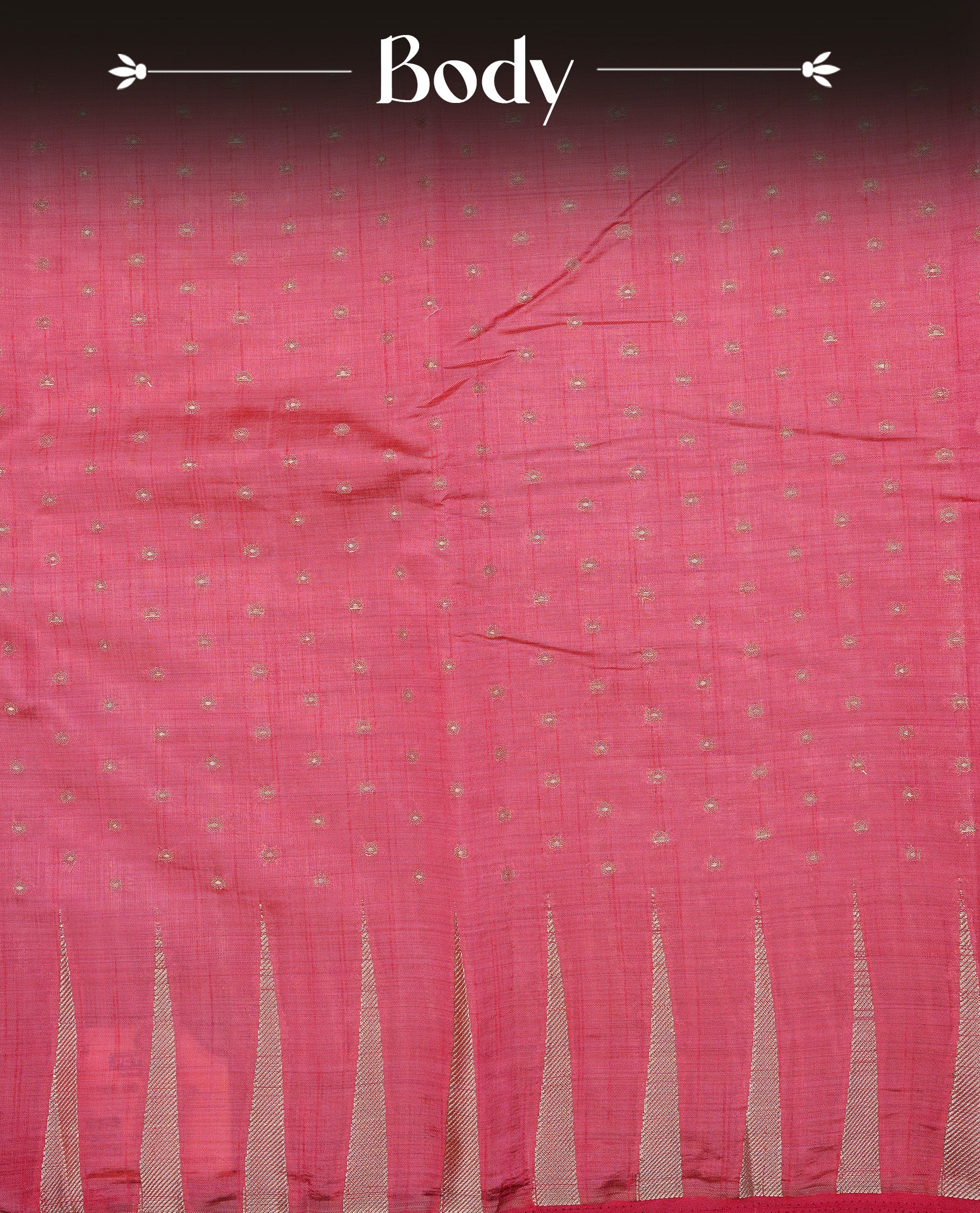 Pink colour semi tussar silk saree featuring gold zari dot motifs all over the body, highlighted by a self colour border with intricate gold zari temple patterns. Comes paired with a matching blouse piece.
