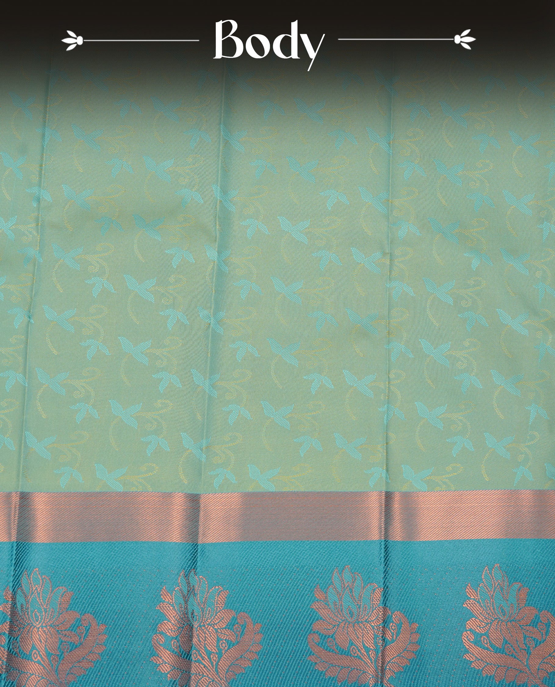 Sandalwood colour Semi silk saree featuirng Cream colour patterns on body, complemented by contrast Green colour with gold zari border, paired with matching blouse piece.