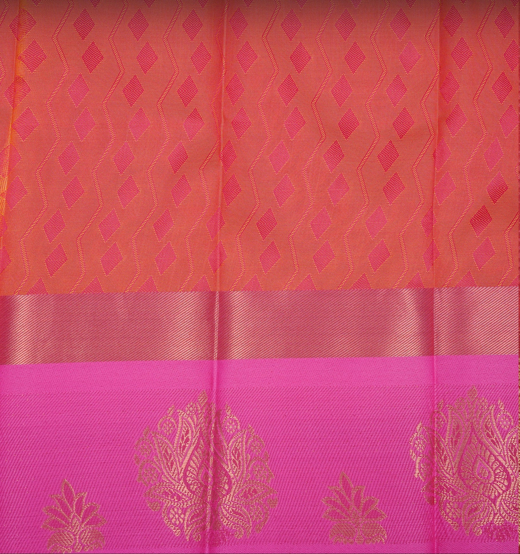 Pale yellow colour Semi silk saree featuirng Cream colour patterns on body, complemented by contrast magenta colour with gold zari border, paired with matching blouse piece.
