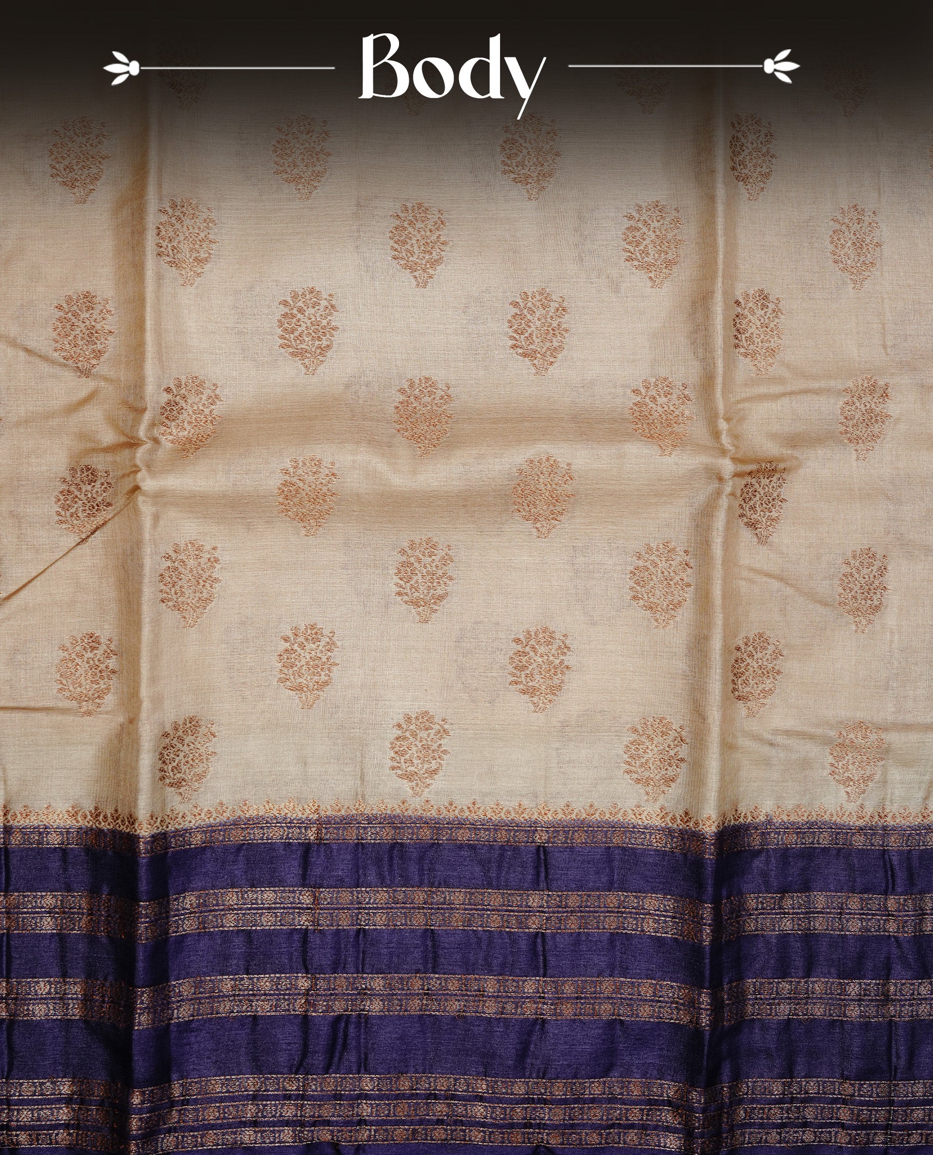 Golden Cream Colour Banaras tussar silk saree featuring Antique zari Motifs on body, Complemented by Violet colour variant with zari border, paired with matching blouse Piece.