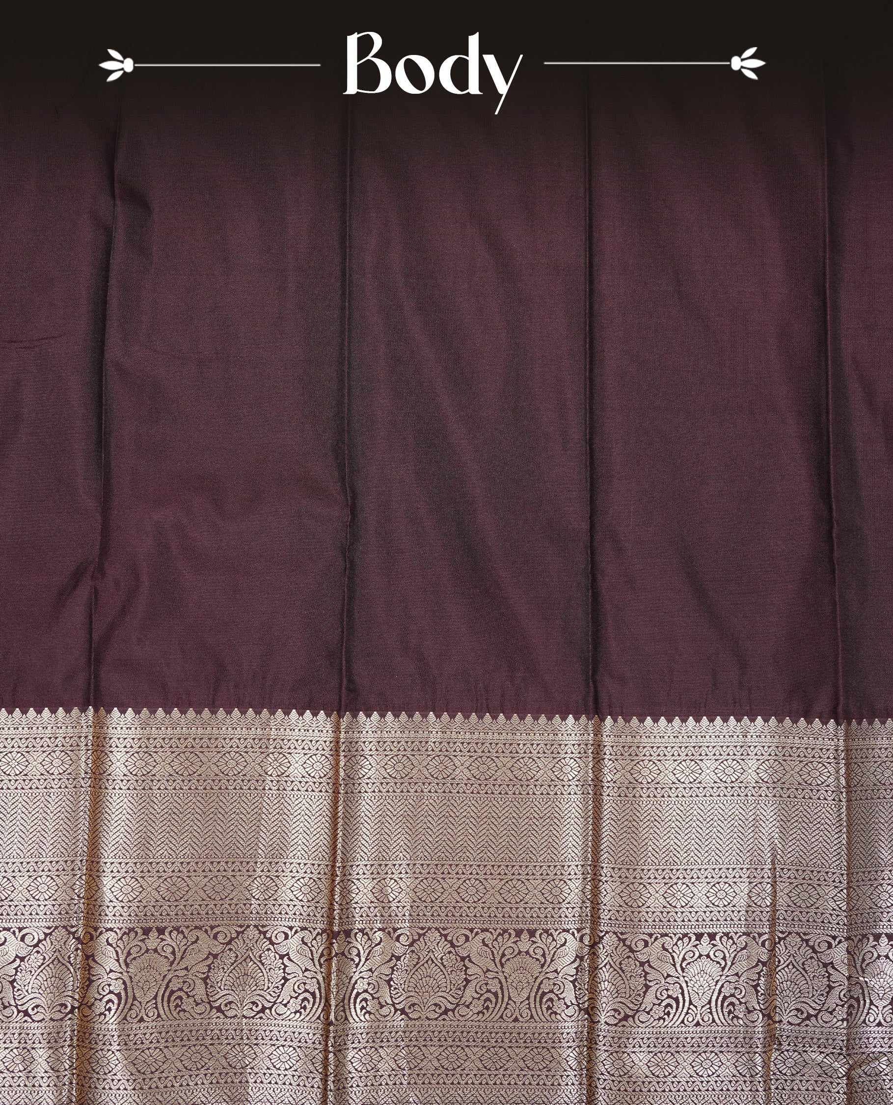 Dark chocolate colour Semi silk saree Featuring gold zari motifs on body, complemented by Self colour with gold zari border with dark orange edge, paired with matching blouse piece.