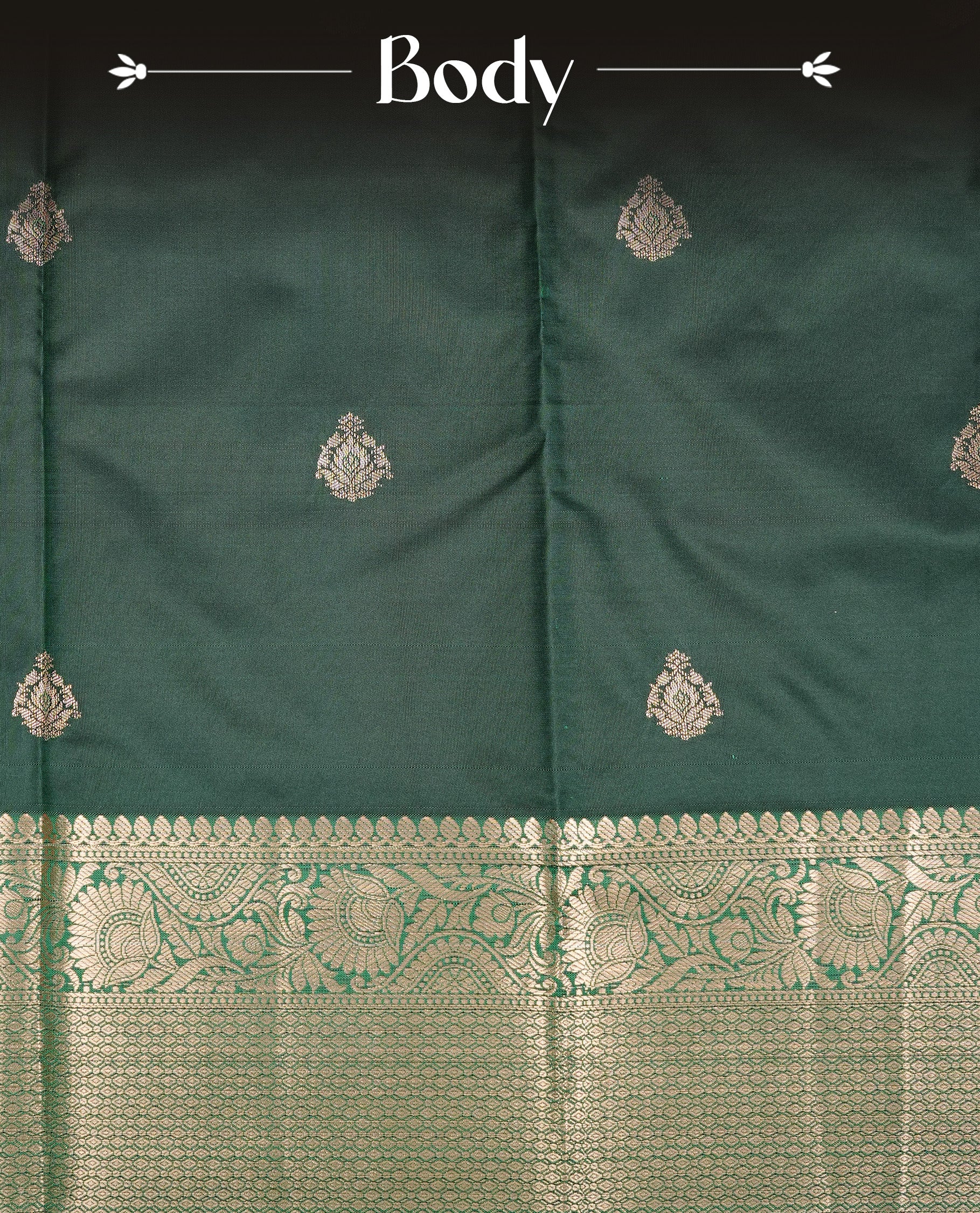 Green Semi Wedding Silk Saree featuring Gold Zari Motifs On body, Complemented with traditional zari with Self colour border, paired with matching blouse piece.