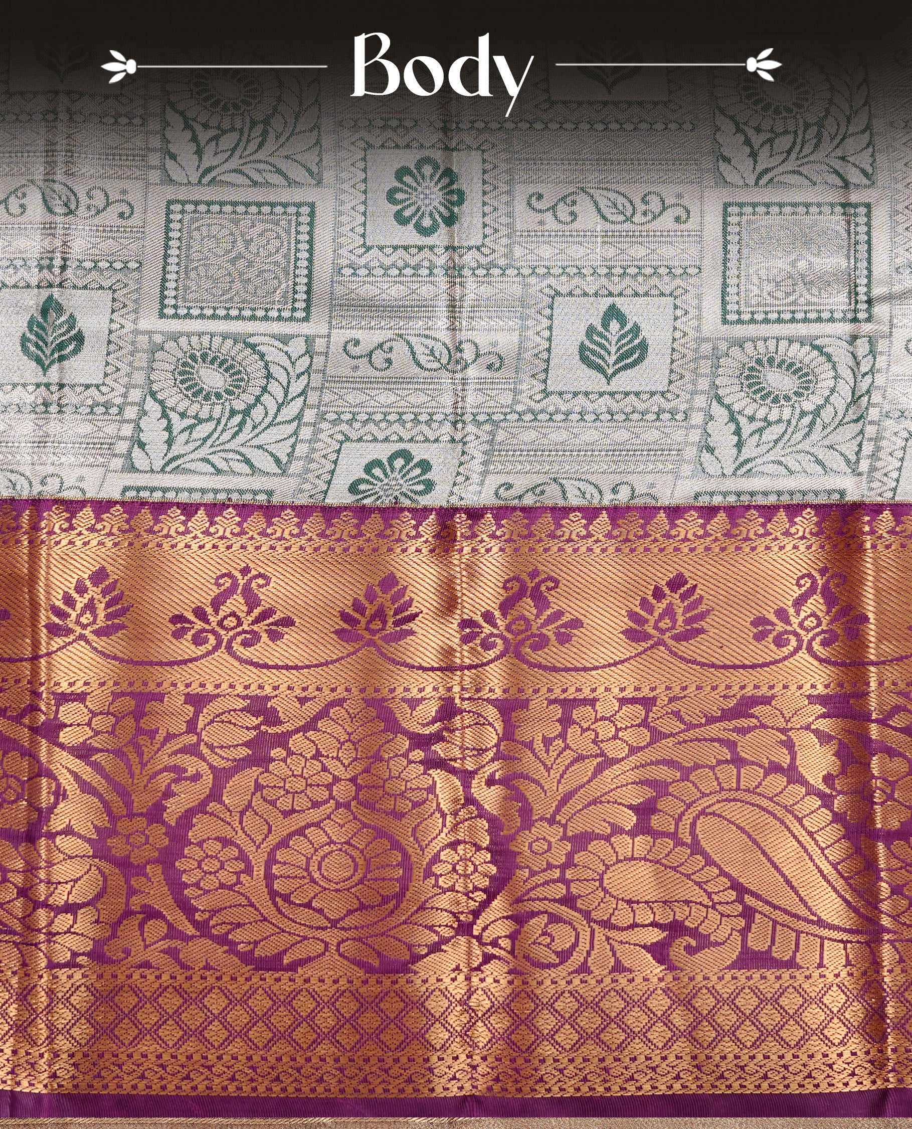Light green colour tissue saree featuring silver & gold zari floral kodi pattern on the body, highlighted by a contrast Burgundy colour border with gold traditional zari, paired with a matching blouse piece.