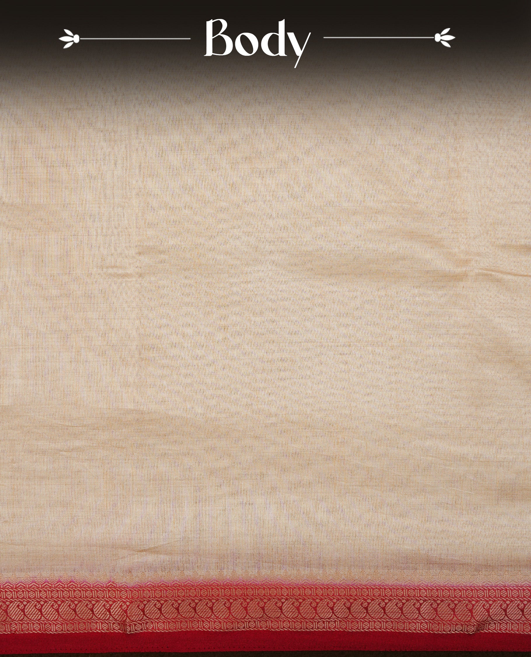 Cream colour Semi Tussar silk saree featuring an elegant plain body, accentuated by a contrast Red border adorned with intricate gold Mango zari work, paired with a matching blouse piece.
