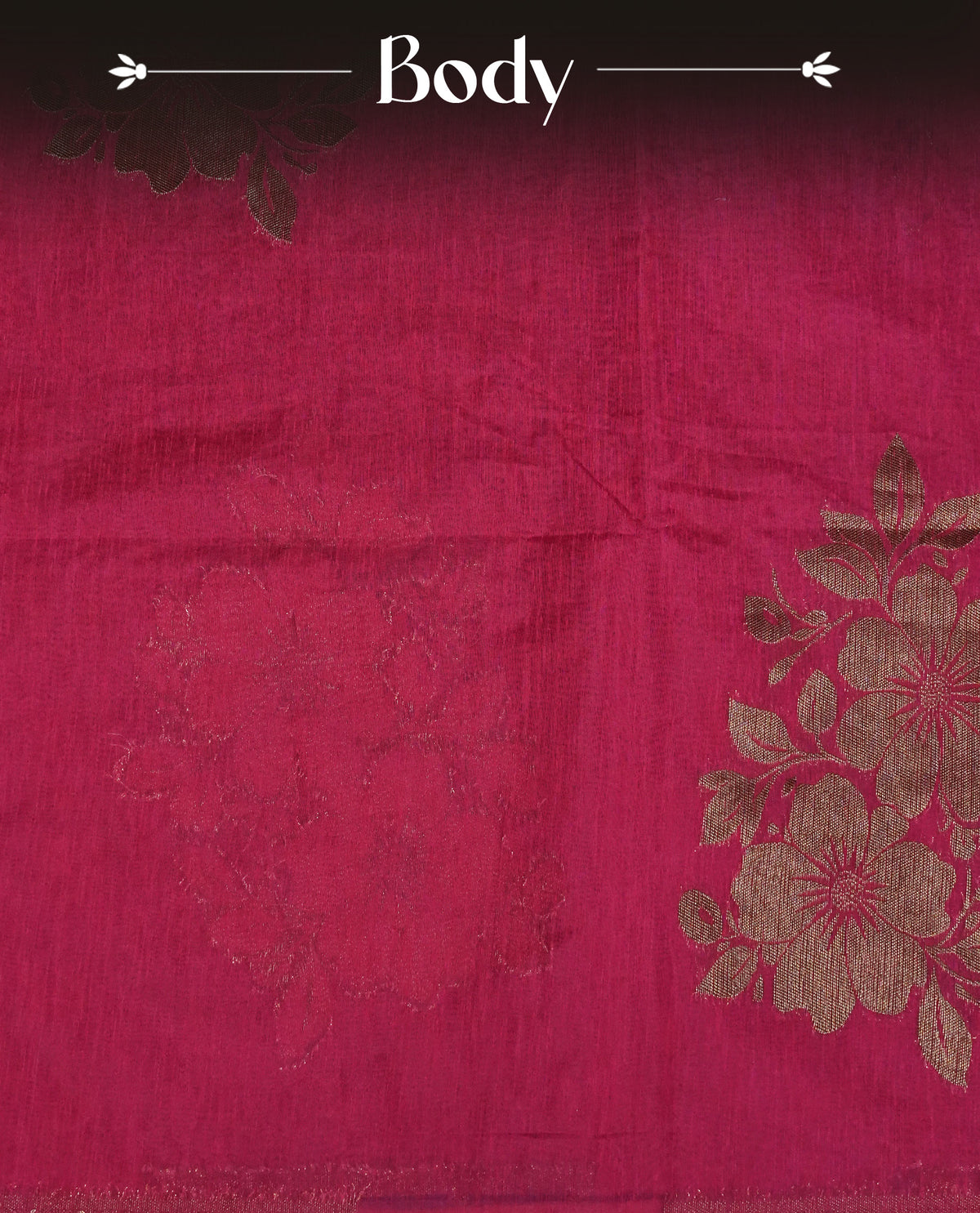 Rani pink colour semi linen saree with elegant gold zari floral motifs across the body, complemented by a contrast colour with grand gold zari pallu and a borderless design, paired with a matching blouse piece.