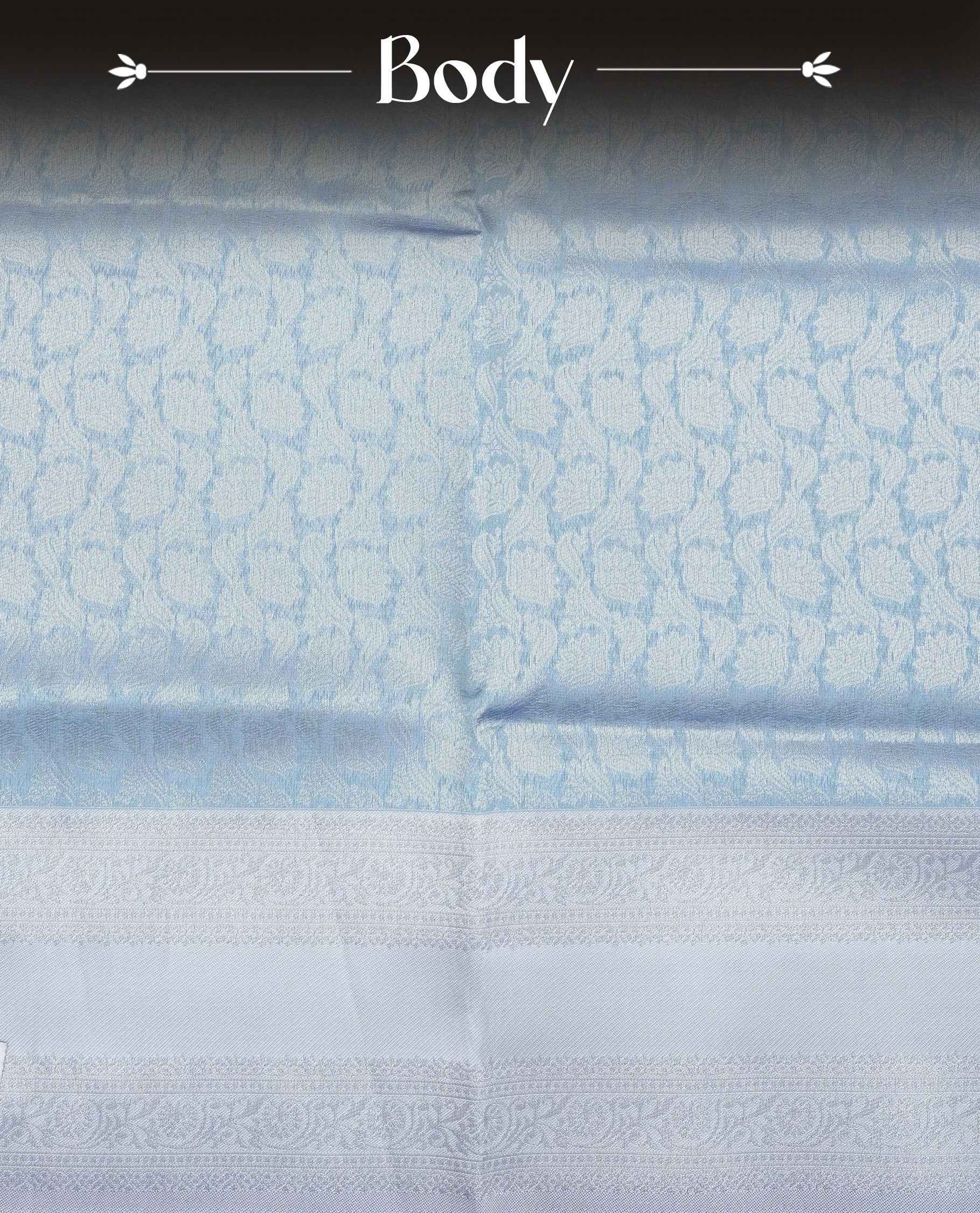 Sky blue colour semi silk saree featuring Silver zari Floral pattern on body, complemented by contrast Grey colour with silver zari border, comes with matching blouse piece.