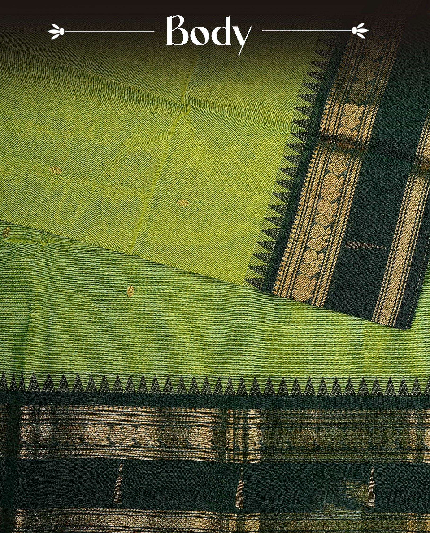 Light Green colour chettinad cotton saree featuring Gold Motifs on body, complemented by Contrast Forest Green Colour With Gold Zari border, paired with matching blouse piece.